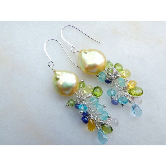 Pearl Aquamarine-Tanzanite-Yellow Quartz-Rock Quartz Sterling Beaded Earrings - Picture 2 of 7